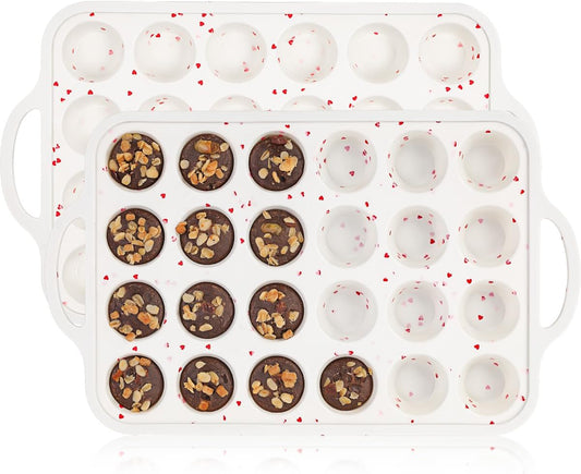 Mini Muffin Pan, Metal Reinforced Frame Mini Cupcake Pans 24 Cups Nonstick Muffin Silicone Molds with Handle for Baking Muffins, Cupcakes, Egg Bites 2 Pack Heart-Shaped