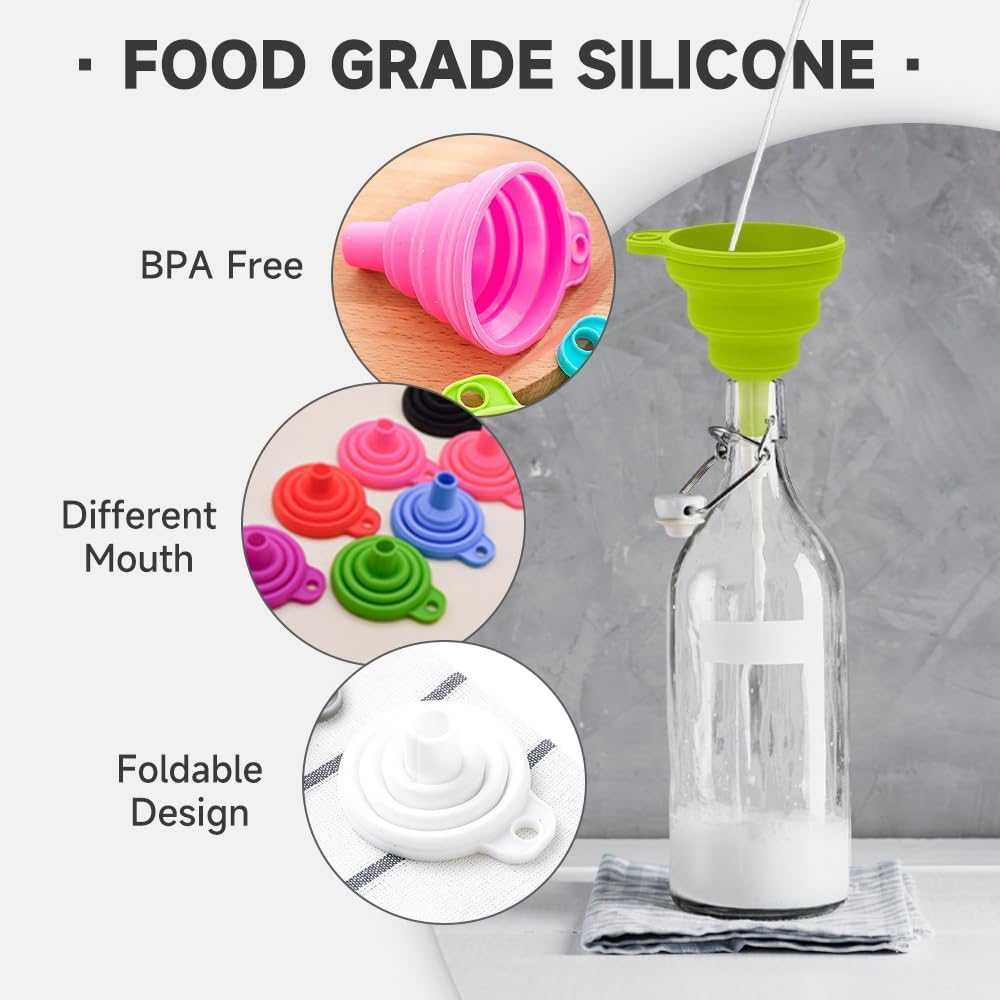 Kitchen Funnel Set, 2025 Upgrade Silicone Collapsible Funnel Silicone Collapsible Food Funnels for Kitchen 3 Sizes Funnels for Home Use Filling Bottles Daily Cooking (Green, 1Set 11+14+20g)