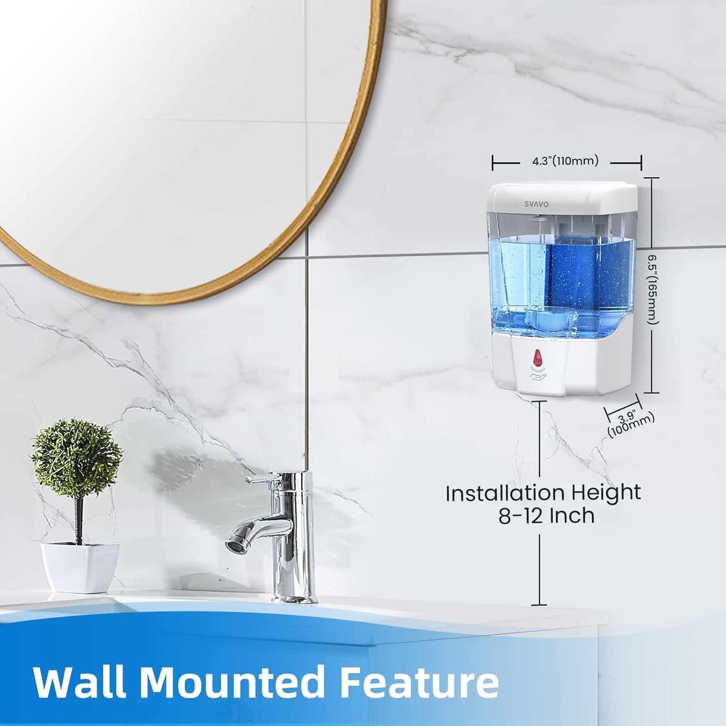 SVAVO Automatic Soap Dispenser Touchless, 21oz/600ml Soap Dispenser Wall Mount, Liquid Soap Dispensers for Hand Soap Refill, Bathroom, Kitchen, Household, Commercial Place, ABS Plastic White