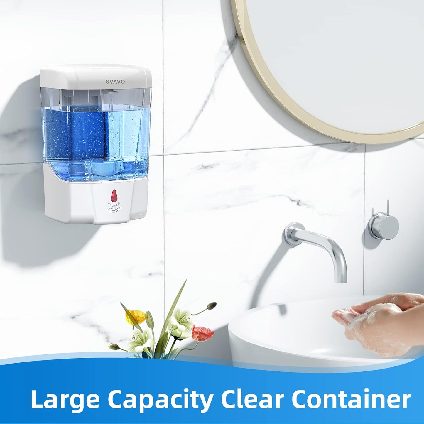 SVAVO Automatic Soap Dispenser Touchless, 21oz/600ml Soap Dispenser Wall Mount, Liquid Soap Dispensers for Hand Soap Refill, Bathroom, Kitchen, Household, Commercial Place, ABS Plastic White