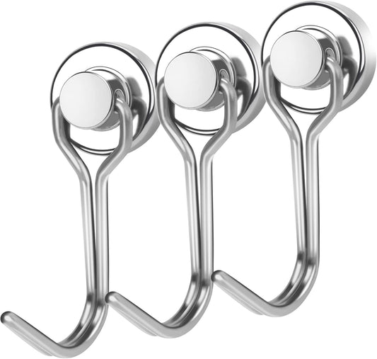 E BAVITE Swivel Swing Magnetic Hooks, Strong Neodymium Rare Earth Magnet Hook Perfect for Refrigerator and Other Magnets Surfaces, Pack of 3,Silver