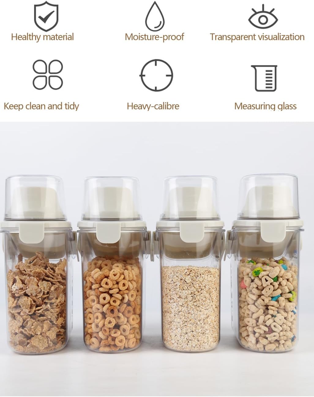 Small Cereal Containers Storage with Pour Spout and Measuring Cup Food Storage Containers Airtight Plastic Dry Food Dispenser for Flour, Grain, Rice, White, 1.6L / 54oz (4pcs)