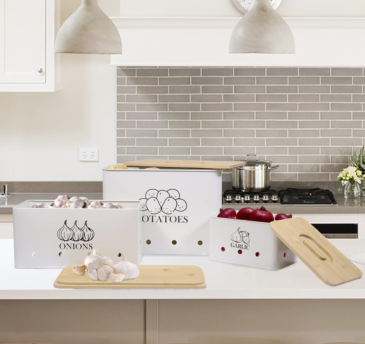 Canister Sets for Kitchen Counter, Kitchen Canisters Set of 3 for Potato Onion Garlic, Kitchen Storage Bin Jars Pots with Aerating Tin Storage Holes & Wooden Lid (White)