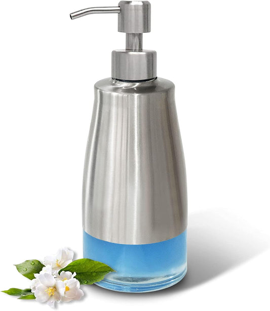 Dish Soap Dispenser with Stickers, Brushed Nickel Stainless Steel and Glass Combined, Refillable Liquid Hand Soap Dispenser for Bathroom & Kitchen (11OZ / 320ML)