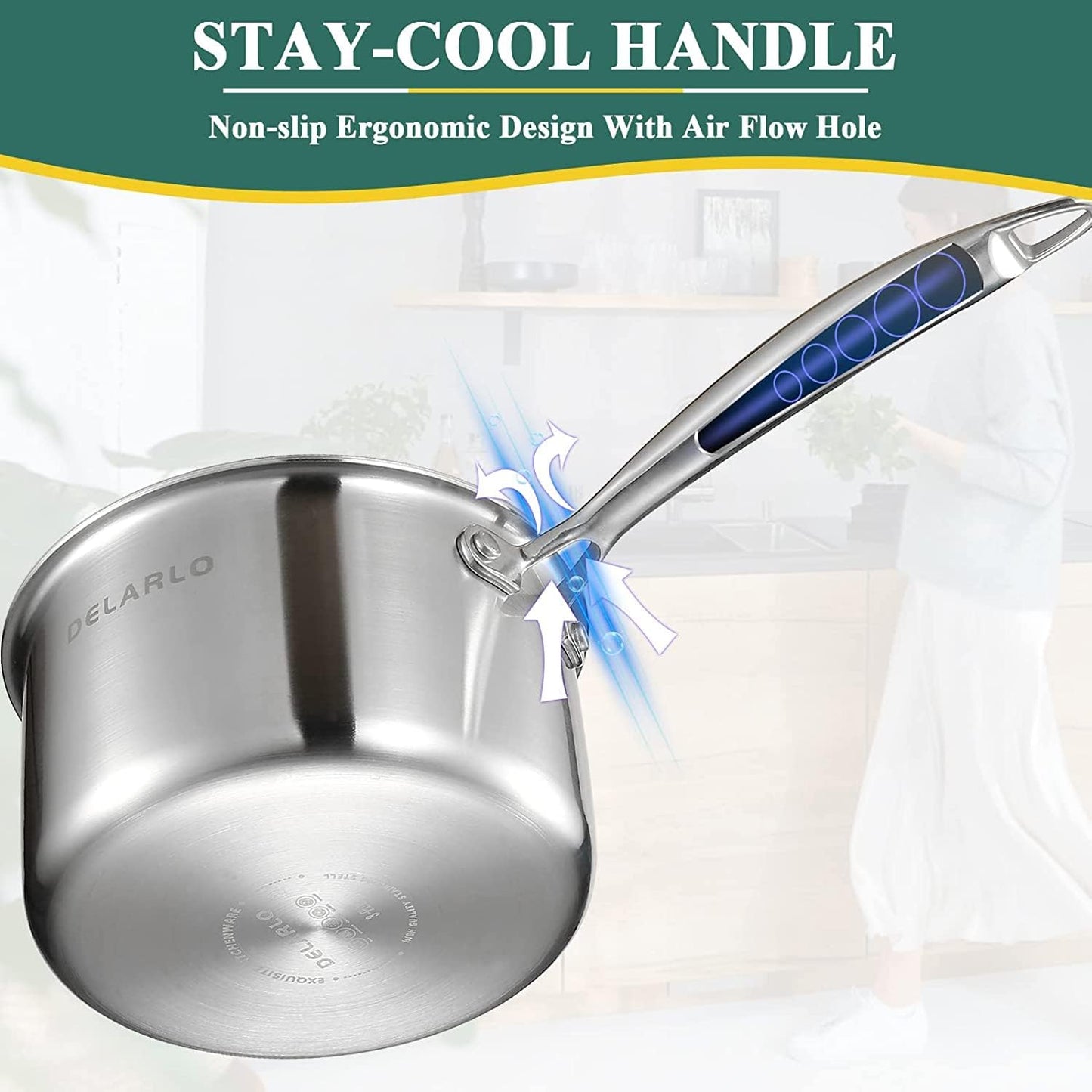 DELARLO Sauce Pan, Oven Broiler Safe 600℉,Tri-Ply Stainless Steel Saucepan Set, 1.0QT, 2.5QT Sauce Pot, Cookware Sets for Induction Cooktop