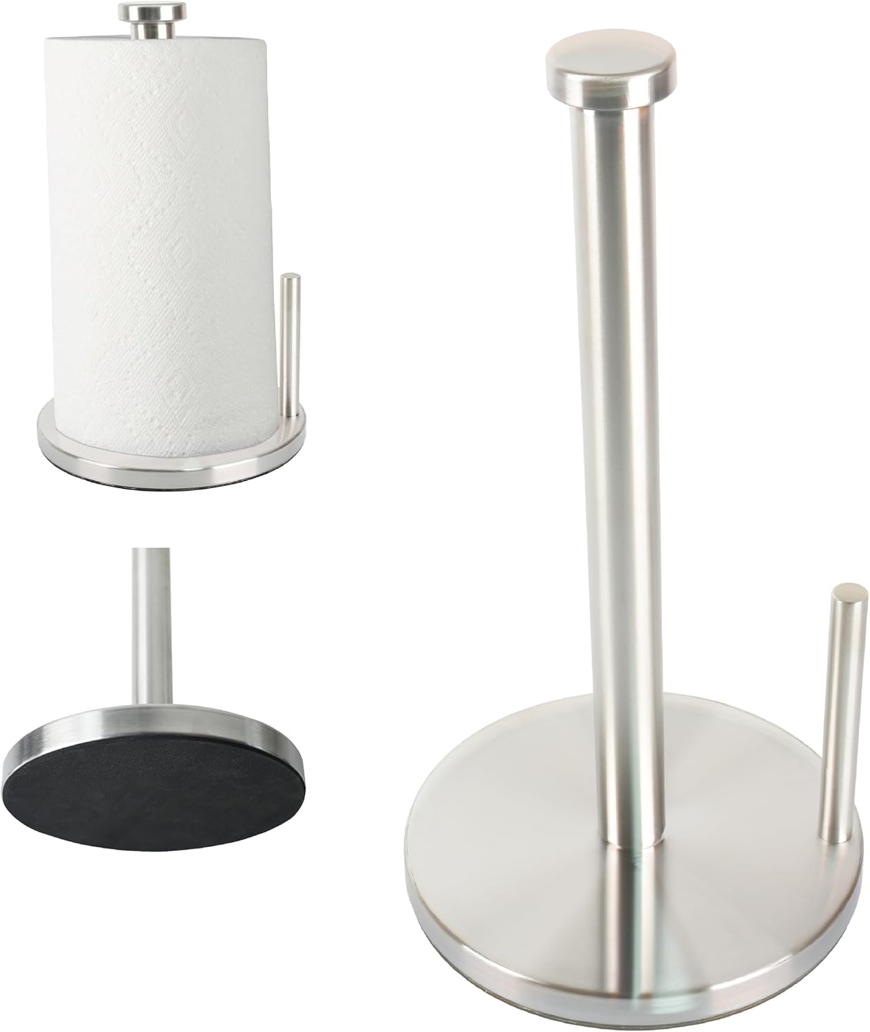 Paper Towel Holder with Side Rod, Stainless Steel, Easy Tear Dispenser for Home Kitchen Countertop Tabletop (Silver)