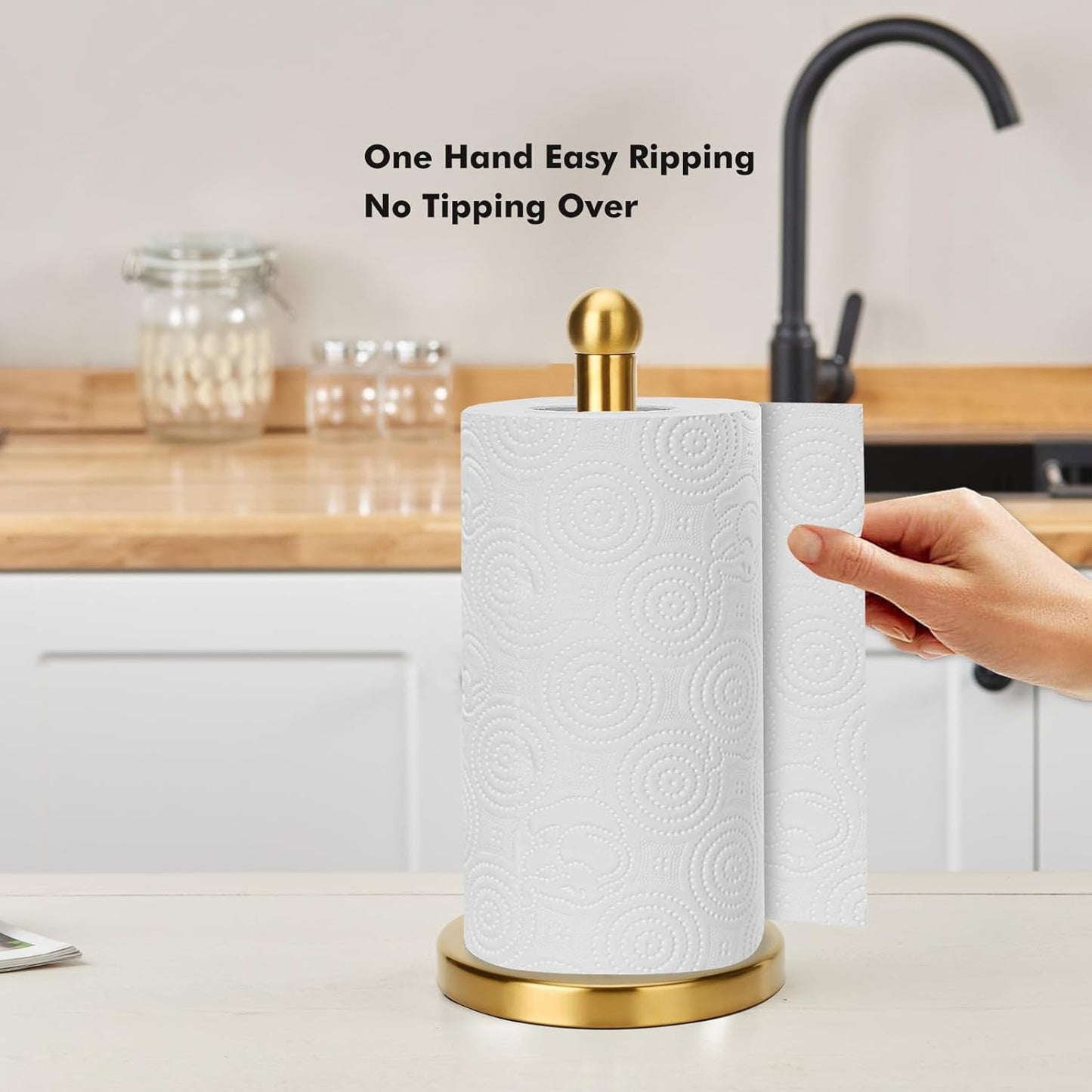 Paper Towel Holder Stand with Sturdy Base Fits Standard and Jumbo Sized Paper Towel, Paper Towel Holder Countertop (Gold)