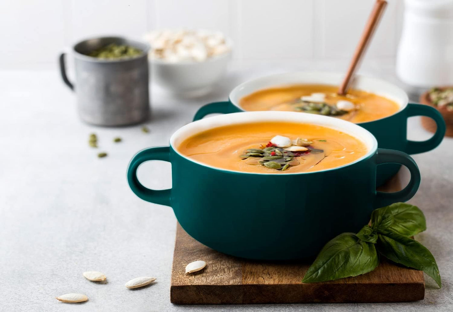 Kook Soup Crocks, Ceramic Bowls, Broil, Oven, Microwave and Dishwasher Safe, with Handles, For Casserole, Pasta, Cereal, 18 oz, Set of 4 (Hunter Green)