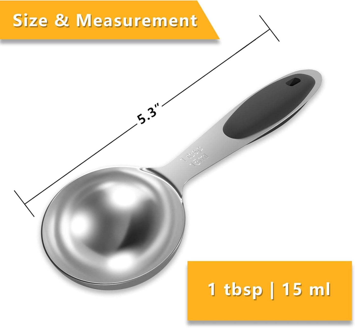 2PCS 1 Tbsp(3tsp, 1/2oz, 15ml) Single Measuring Spoon with Black Silicone Grip, Stainless Steel Individual Measure Scoop Only