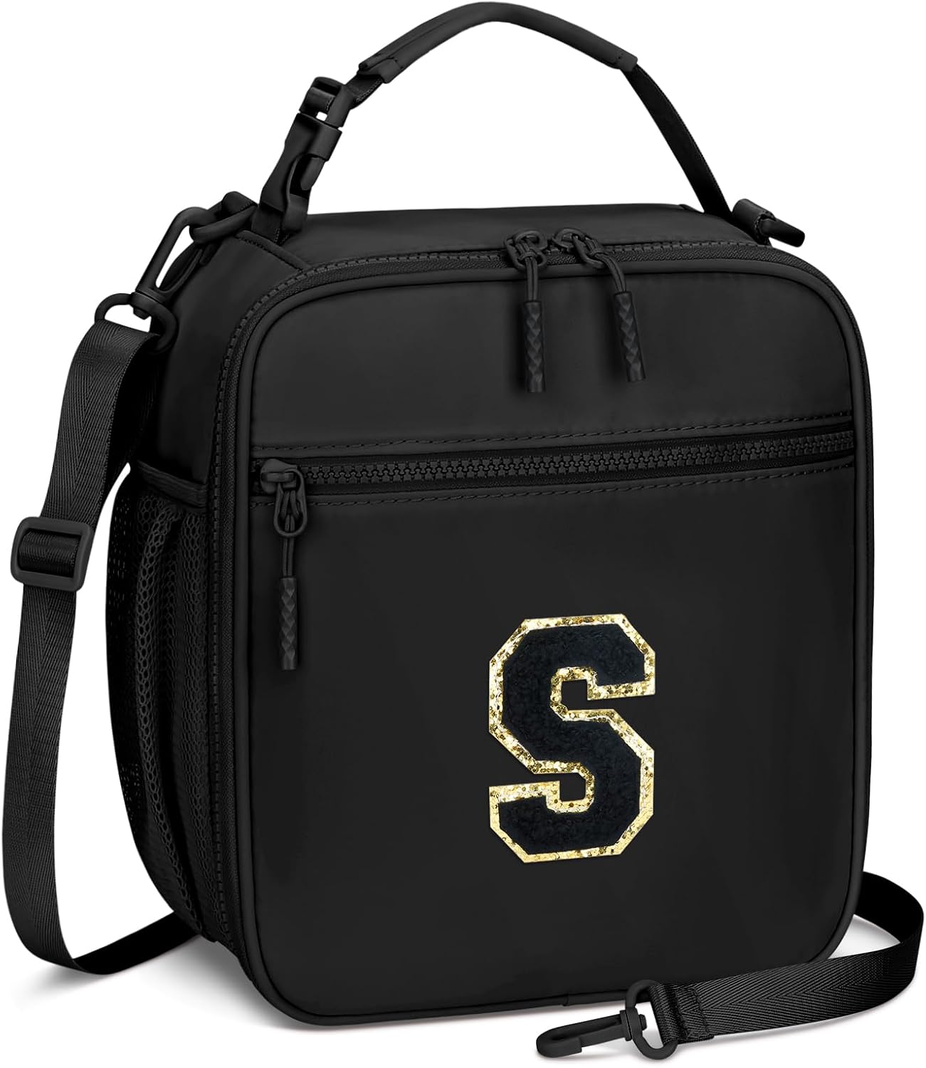 Initial Insulated Lunch Bag for Boys Kids, Back to School Gift, Reusable Leak-proof Lunch Box with Adjustable Strap for School Daycare Travel Picnic（Black，S）