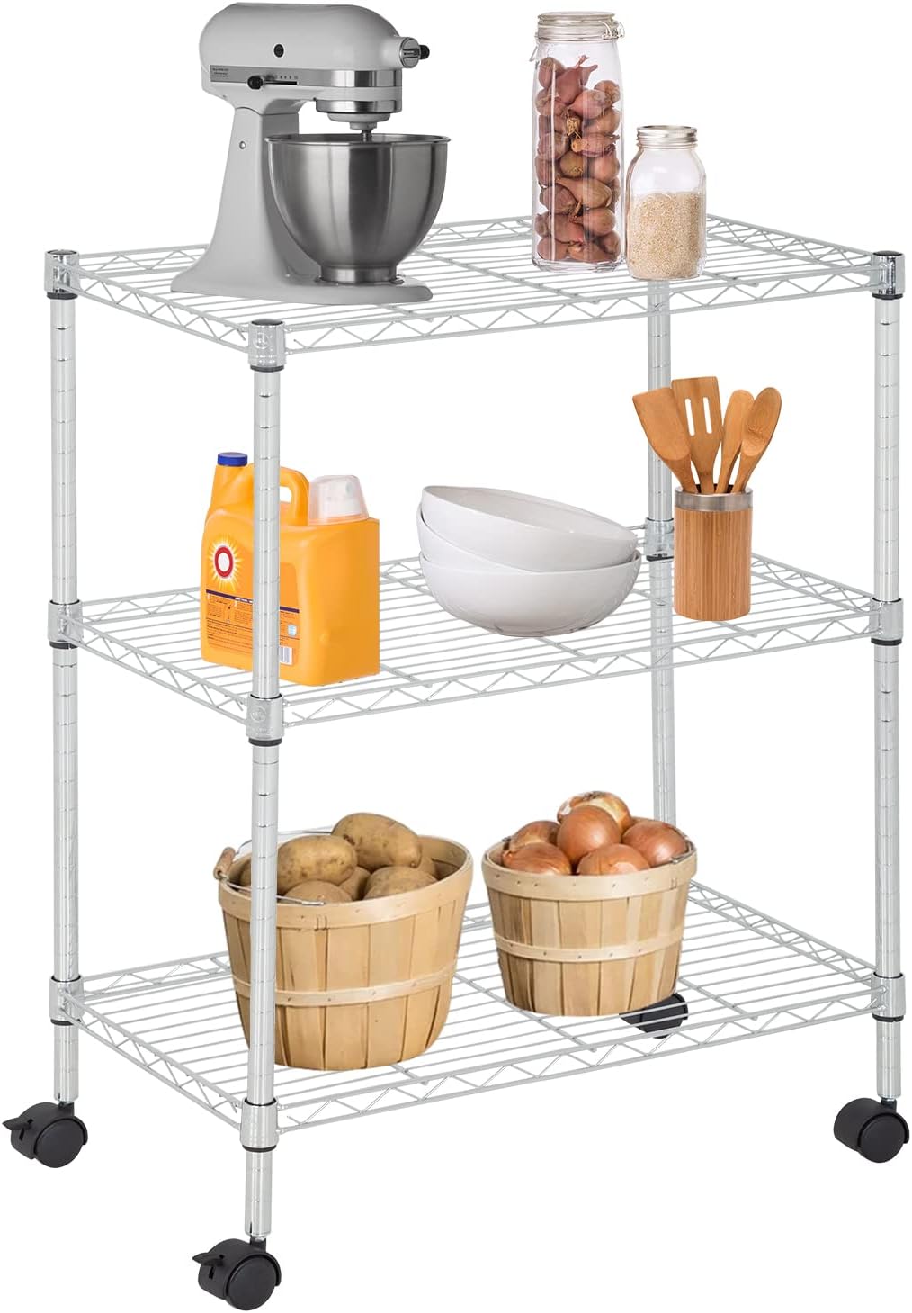 FDW 3 Tier Wire Shelving Metal Storage Shelves 23L x 13W x 32H Layer Storage Shelves with Wheels for Kitchen Garage Small Places,Chrome