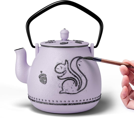 Toptier Teapot with Removable Infuser, Cast Iron Tea Kettle Stovetop Safe, Squirrel Design Tea Pot Coated with Enameled Interior for 32 Ounce (950 ml), Purple