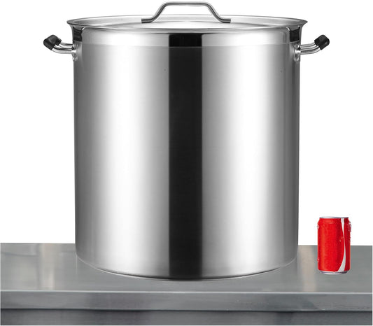 CURTA 100 Quart Large Stock Pot with Lid, NSF Listed, 3-Ply Clad Base, 18/8 Stainless Steel Cooking Pot, Commercial Cookware, Induction Ready, 19.7"D x 20.6"W x 19.7"H