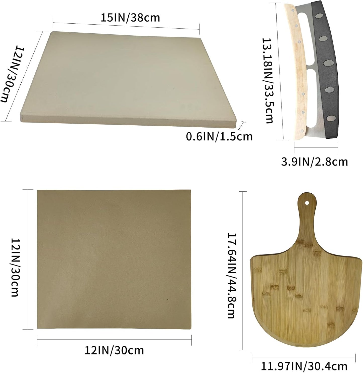 Rectangular Pizza Stone 4 Sets,12"x15"x0.59"(OAK) Pizza Stone for Oven and Grill with Bamboo Pizza Peel, Pizza Cutter and 10pcs Cooking Paper,Grill Stone Baking Stone for Bread,BBQ,Grill
