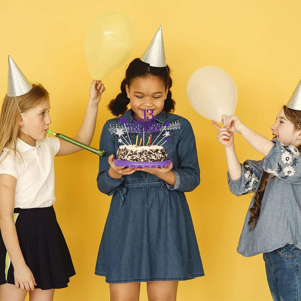 Glittery 13 Ofiicial Teenager Cake Topper with Star,13th Happy Birthday Cake Topper Party Decorations Party Supplies for Boys Girls Purple Silver