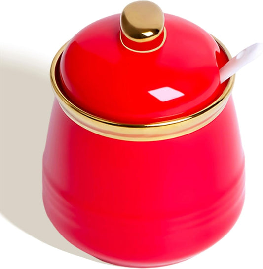 HAOTOP 12oz Sugar Bowl with Lid and Spoon,Simple Ceramic Sugar Jar Sugar Container Sugar Dispenser Coffee Bar Accessories, Modern Kitchen Countertop Canisters, Red