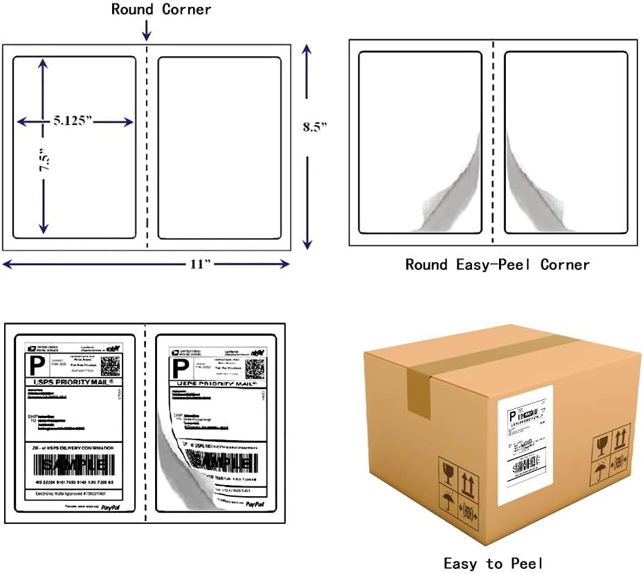 RyhamPaper Shipping Labels with Round Corner, 8.5 x 5.5 Inches Half Sheet Self Adhesive Shipping Address Labels for Laser and Inkjet Printer, 200 Labels