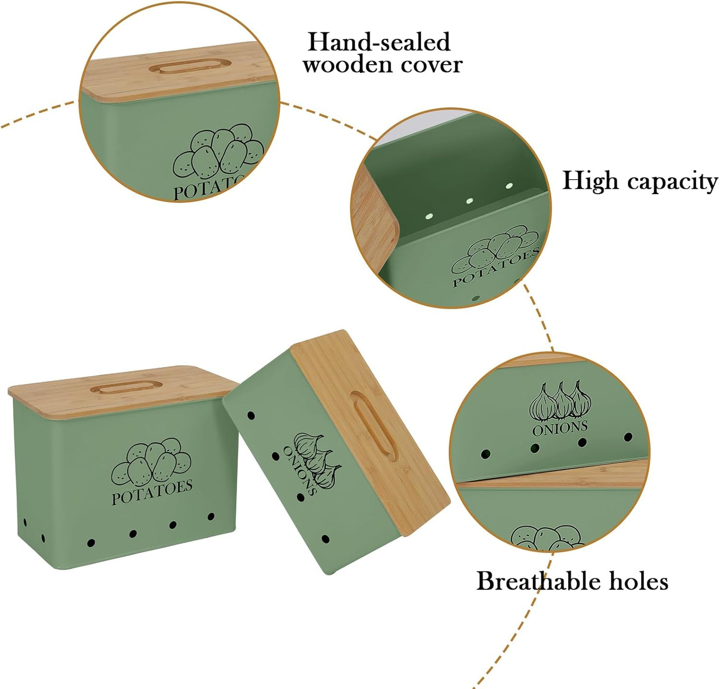 Potato Onion Storage Box, Food Container Sets, Storage Canisters for Vegeatables, Set of 2 Jars Pots Containers, Potato & Onion Bin with Aerating Tin Storage Holes & Bamboo Lid-Green