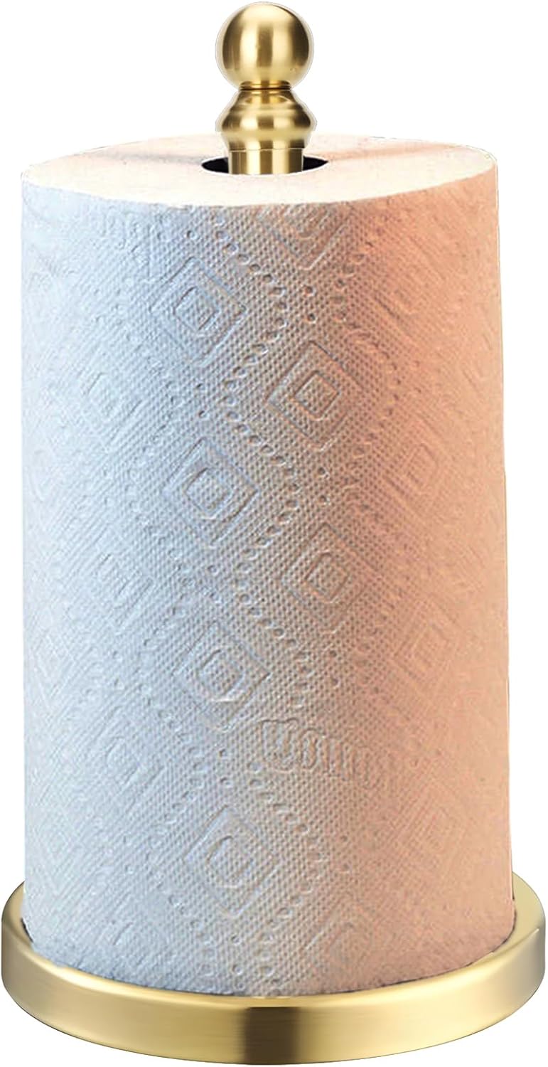 Gold Paper Towel Holder Countertop with Weighted Stainless Steel Base, One-Handed Design No Tipping Over, Standing Paper Towel Holder Standing in Brushed Gold Finish