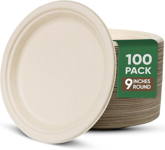 9 Inch Compostable Paper Plates (100 Pack) - Eco-Friendly Disposable Dinnerware for Parties, Microwavable & Water/Oil Resistant - 100% Biodegradable Heavy Duty Brown Plates for Events, Picnics