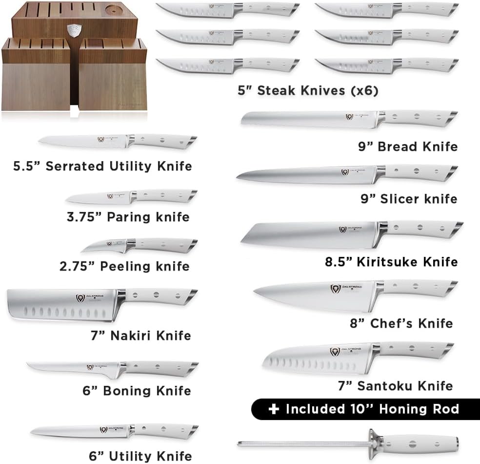 DALSTRONG Gladiator Series Elite-18pc Stainless Steel Knife Set with Block-High Carbon German Steel-Acacia Wood Block-Knife Set w/White Handles-NSF Certified-Men's Valentines Gift