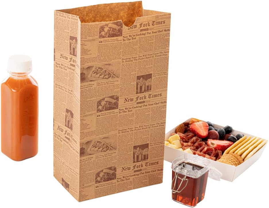 Restaurantware Bag Tek 8 Lb Disposable Lunch Bags 100 Sturdy Take Out Bags - Flat Bottom Microwavable Kraft Newsprint Design Paper Bags Freezable Great For Restaurants Cafes And Bakeries