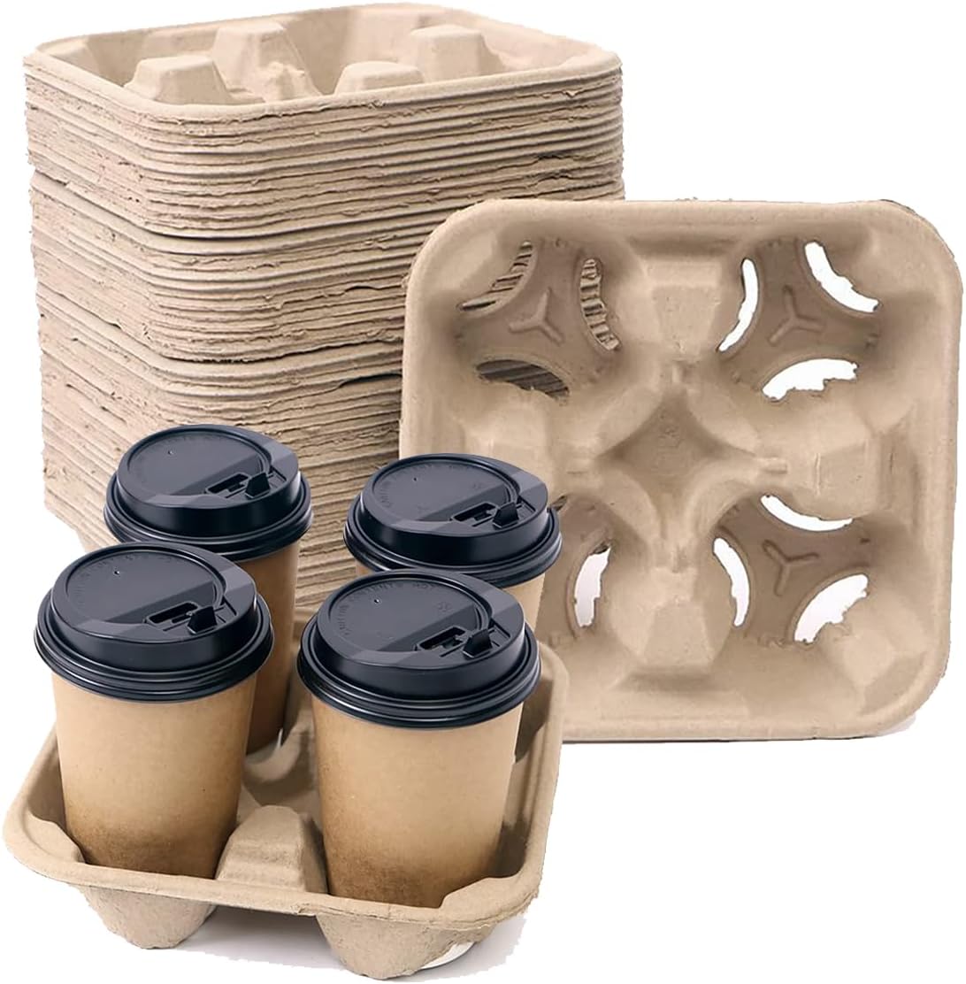 Disposable Compostable 4 Cup Drink Carriers,w/Extra-Deep Slots Secures 8-32oz Cups, Durable Pulp Fiber Holder for Coffee/Bubble Tea/Soda - Delivery, Takeout,Restaurants (100 Pack)