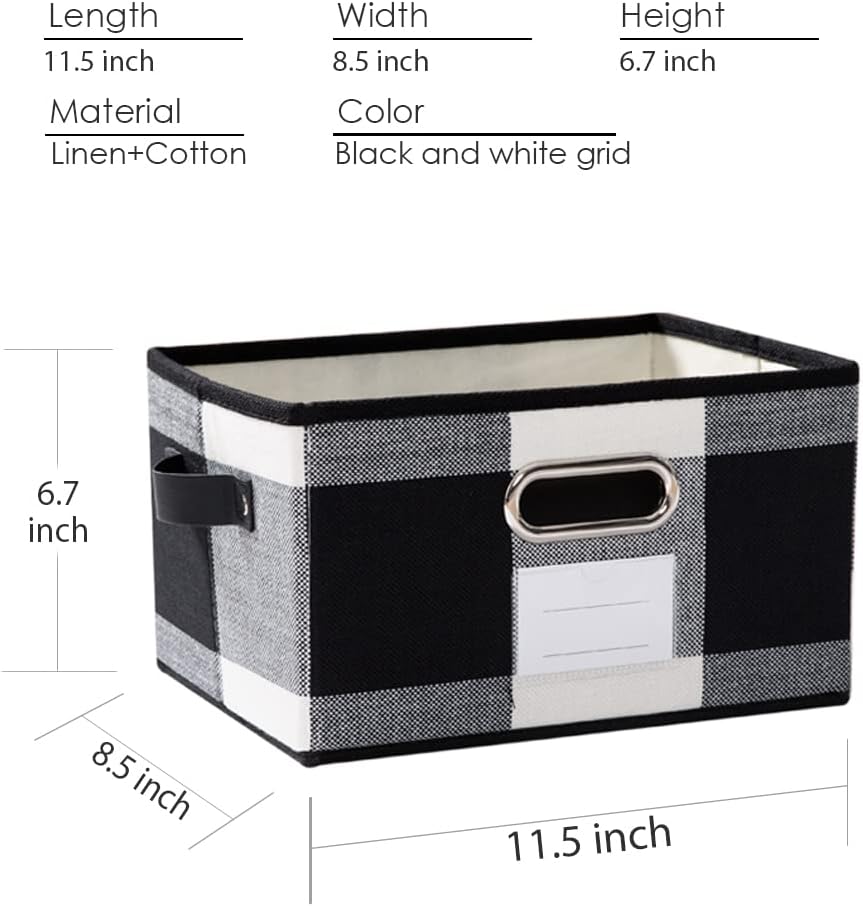 PRANDOM Fodable Storage Bins for Closet [3-Pack] Decorative Fabric Storage Baskets Cubes with Leather/Metal Handles for Shelves Bedroom Living Room Black and White Grid (11.5x8.5x6.7 Inch)