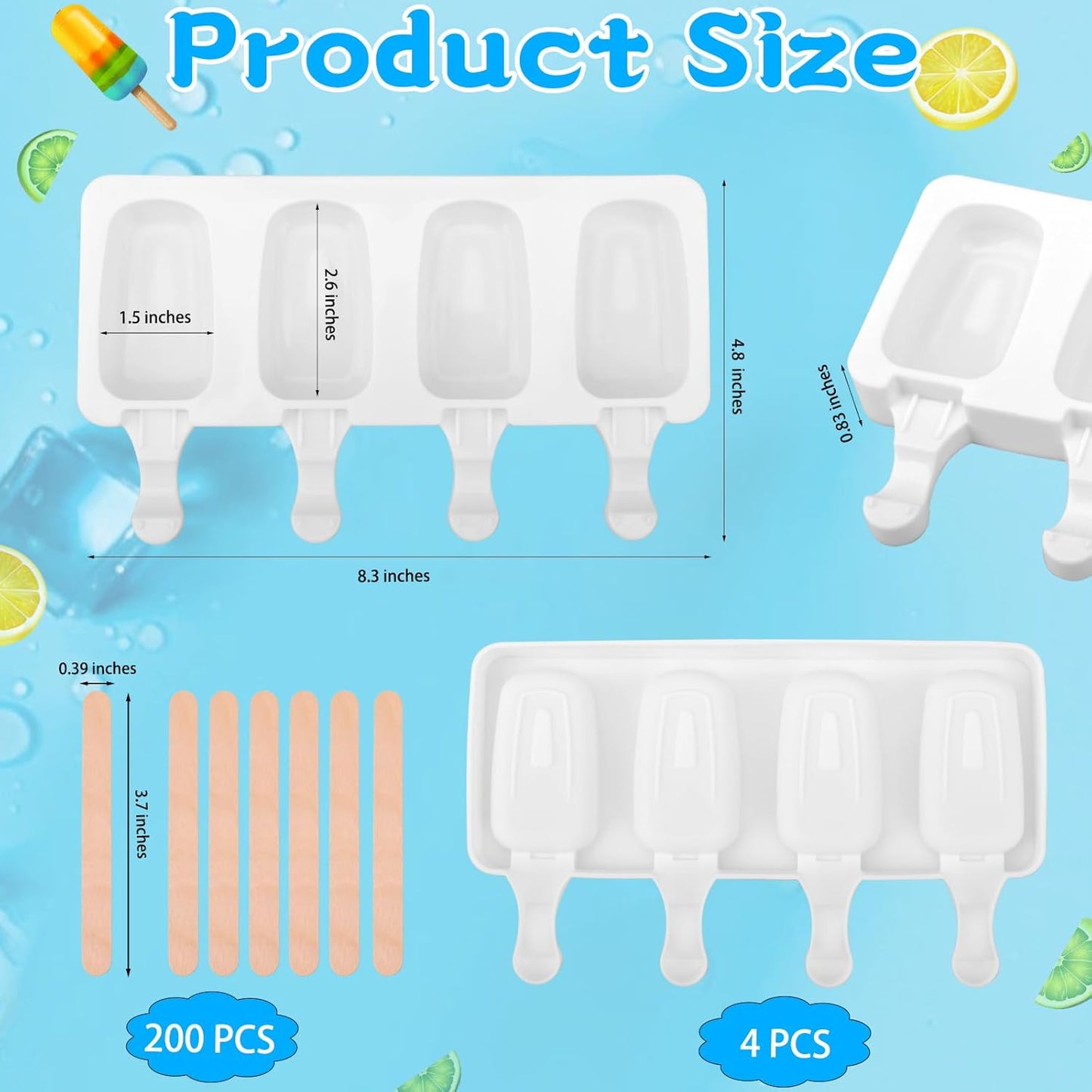 4 Set Silicone Popsicle Molds 4 Cavities Ice Cream Oval Cake Molds with 200 Sticks, Reusable Ice Pop & Cakesicle Mould forKids, DIY Frozen Treats, Summer Snacks, Parties Favors, Easy Release