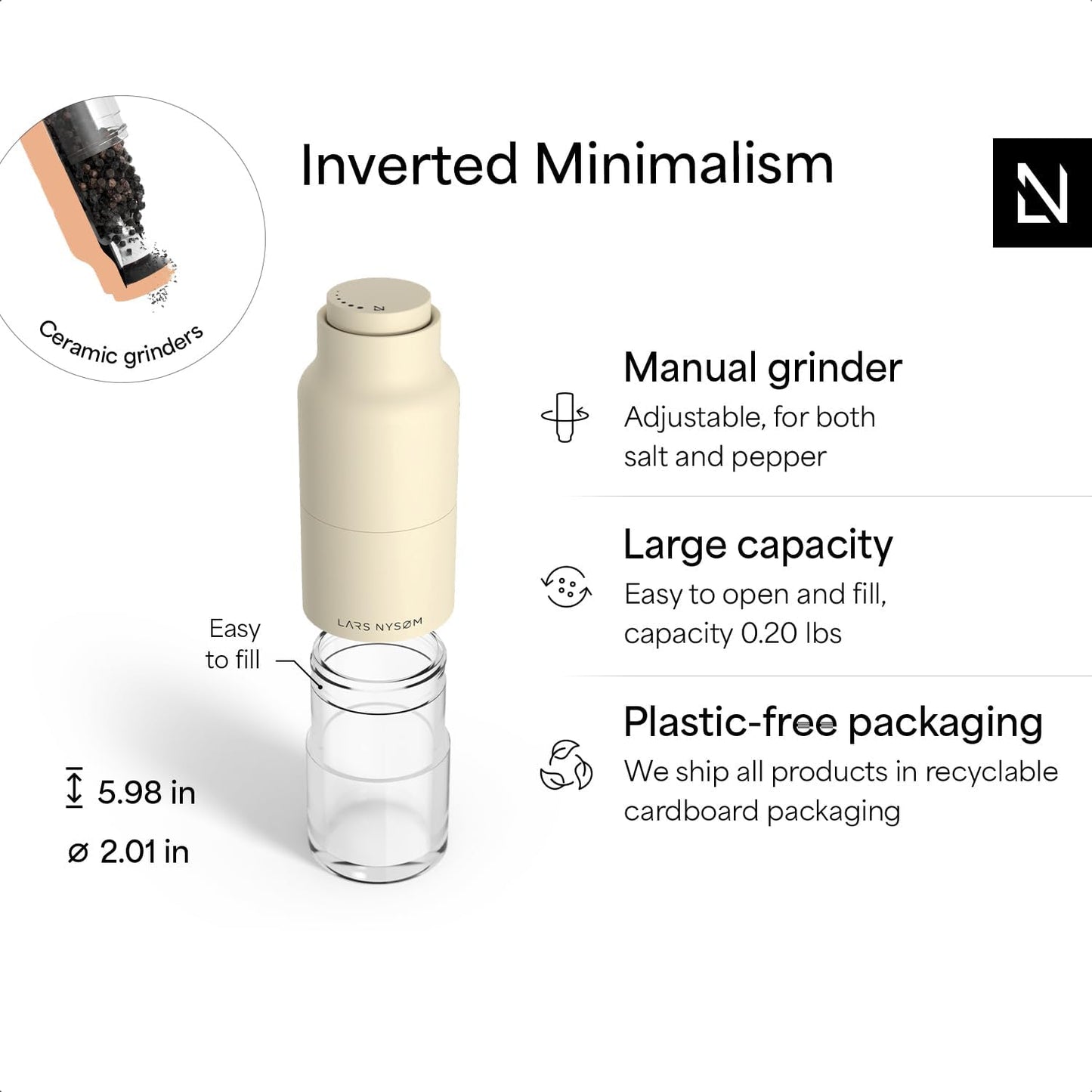 LARS NYSØM Salt and Pepper Grinder Set, Stainless Steel Manual Salt and Pepper Mills, Adjustable Ceramic Grinder, Design Spice Shakers (Peach/Beige)