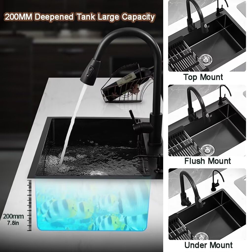 Black Drop in Kitchen Sink, Stainless Steel Single Bowl Sink with 3 Holes, Topmount Workstation Sink, Farmhouse Rectangle Basin with Multiple Accessories (19.7 * 17.7 * 7.9in)