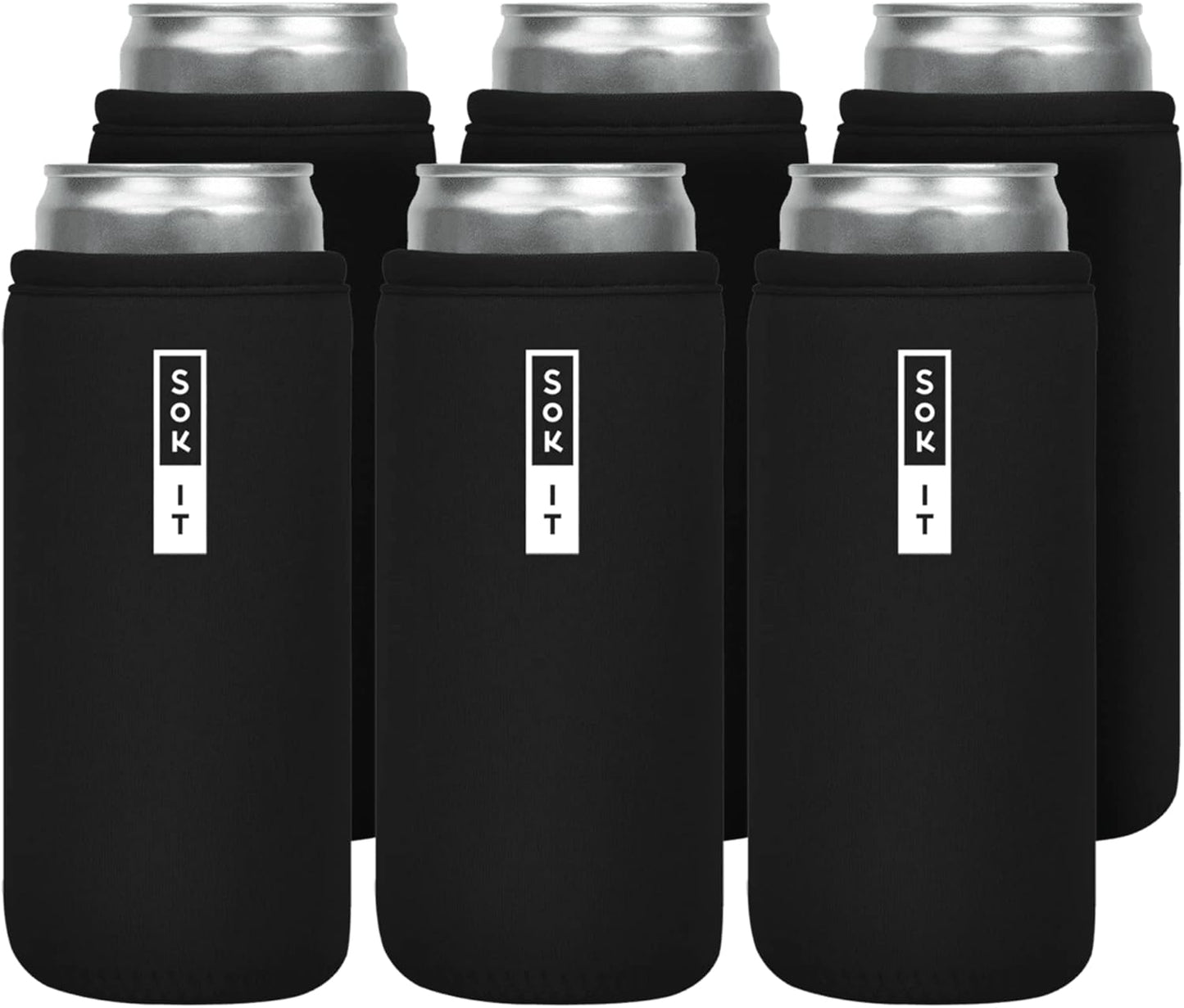 Sok It CanSok 6 Pack Sleeve for Beer & Soda Insulated Neoprene Cover (Black, 12oz Slim Can Sleeve - 6 Pack)