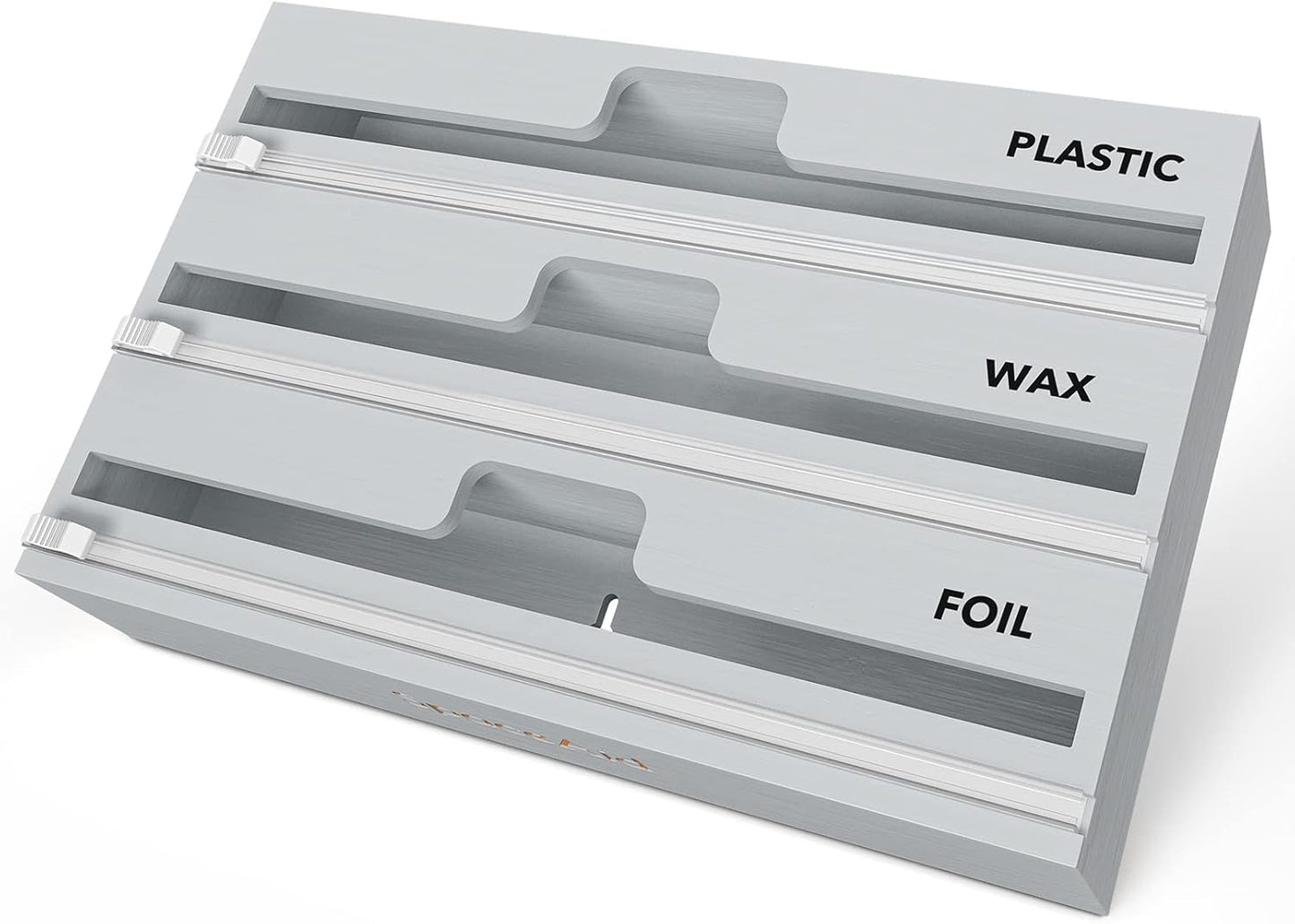 SpaceAid WrapNeat 3 in 1 Wrap Organizer with Cutter and Labels, Plastic Wrap, Aluminum Foil and Wax Bamboo Dispenser for Kitchen Storage Organization Holder for 12" Roll (Gray)