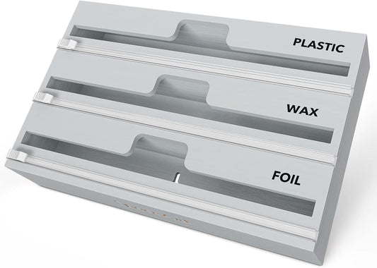 SpaceAid WrapNeat 3 in 1 Wrap Organizer with Cutter and Labels, Plastic Wrap, Aluminum Foil and Wax Bamboo Dispenser for Kitchen Storage Organization Holder for 12" Roll (Gray)