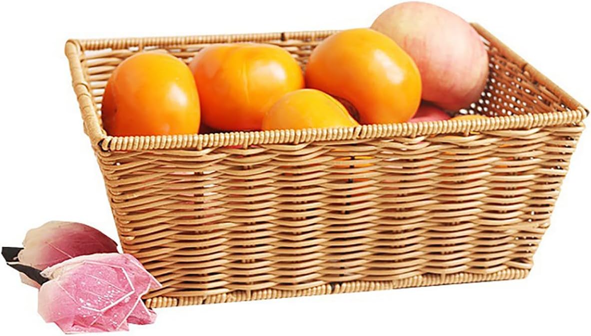 12" Poly Wicker Bread Basket, Hand Woven Food Storage Room Organizer, Fruits, Vegetables and Snacks Tabletop Food Serving Basket, Restaurant, Hotel Service, Brown (11.9x8x5.9)