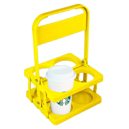 Bodaon 4 Cup Drink Carrier with Handle, Plastic Cup Carriers for Drinks, Drink Holder for Car, GrubHub/Eats Doordash Accessories, Portable Foldable Reusable Mobile, Use for Food Delivery Bag, Yellow
