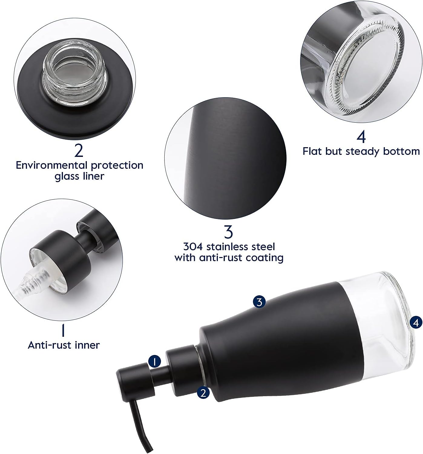 Gaussra Black Soap Dispenser with Coasterand Stickers, Refillable Liquid Stainless Steel Soap Dispenser for Kitchen Sink, Bathroom Countertop (11OZ / 320ML)