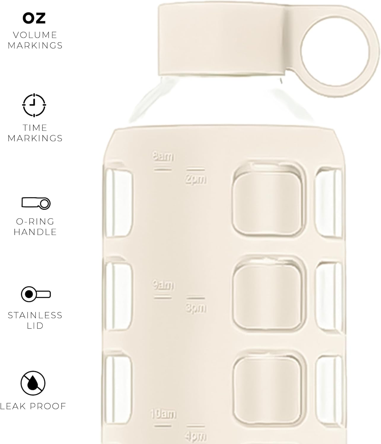 purifyou 40oz / 32oz / 22oz / 12oz Borosilicate Glass Water Bottle with Time & Volume Markers, Silicone Sleeve, Stainless Steel Lid – Reusable Glass Bottle for Water & Juice (32oz Pearled Ivory)