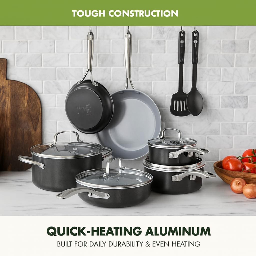 GreenPan 12 Piece Nonstick Swift Cookware Set, Ceramic PFAS-Free Pots & Pans with Lids, Dishwasher & Oven/Broiler Safe to 600F, Kitchen Cooking Set, Sauce, Saute, Stock, Frying Pans, Gray