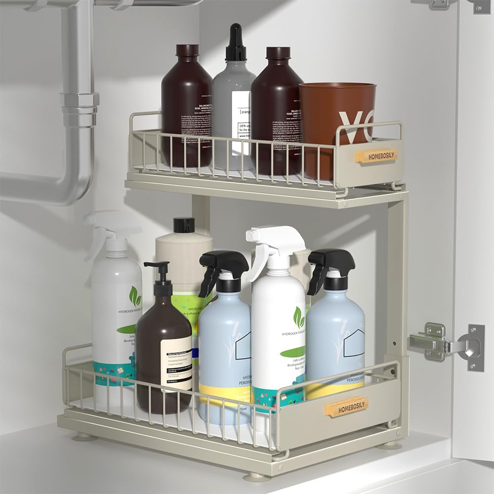 Under Sink Organizer, Pull Out Kitchen Cabinet Organizer 2 Tier Slide Out Under Sink Organizers and Storage, Sink Shelf Cabinet Storage Shelves for Kitchen Bathroom Pantry, Grey