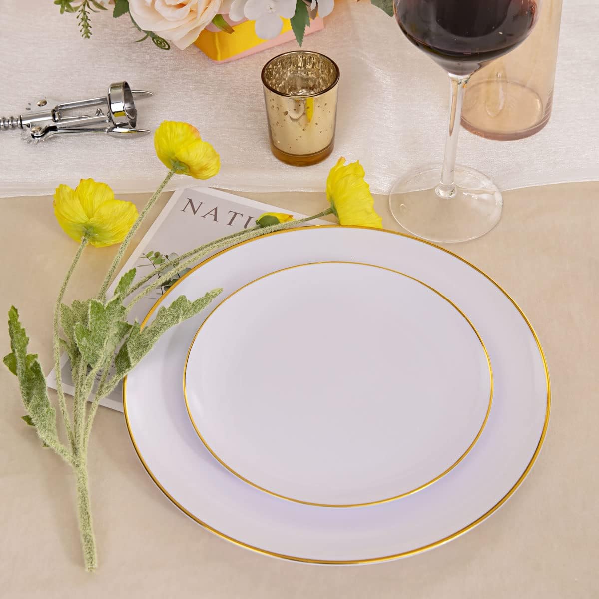 KIRE 60PCS Gold Plastic Plates - Heavy Duty White Disposable Plates with Gold Rim for Party/Wedding- Include 30Pieces 10.25inch Dinner Plate and 30Pcs 7.5inch Dessert Plate