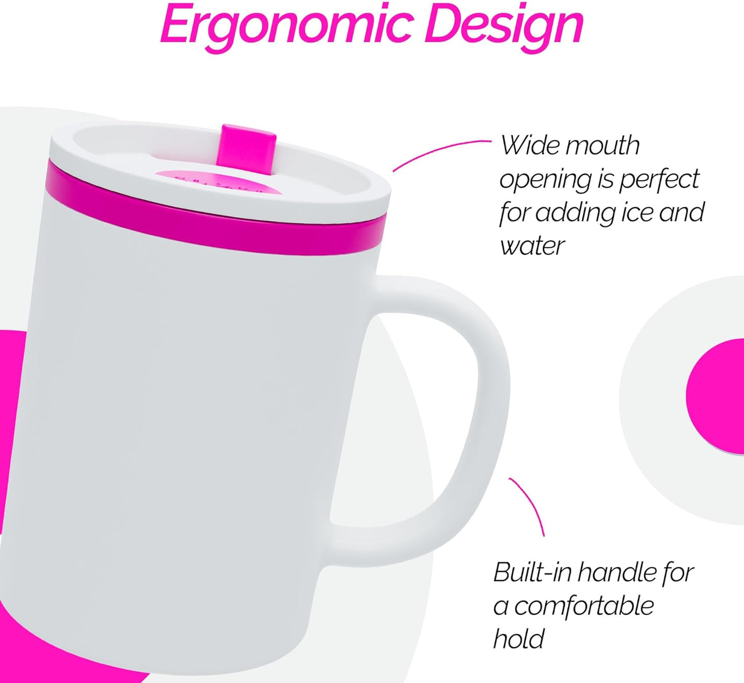 Copco Iconic 16oz Double Wall Insulated Desk Mug with Lid and Handle, Set of 2, BPA-Free Reusable Plastic, Spill-Proof, Microwave & Dishwasher Safe, Wide Mouth, Cup Holder Friendly (Pink)