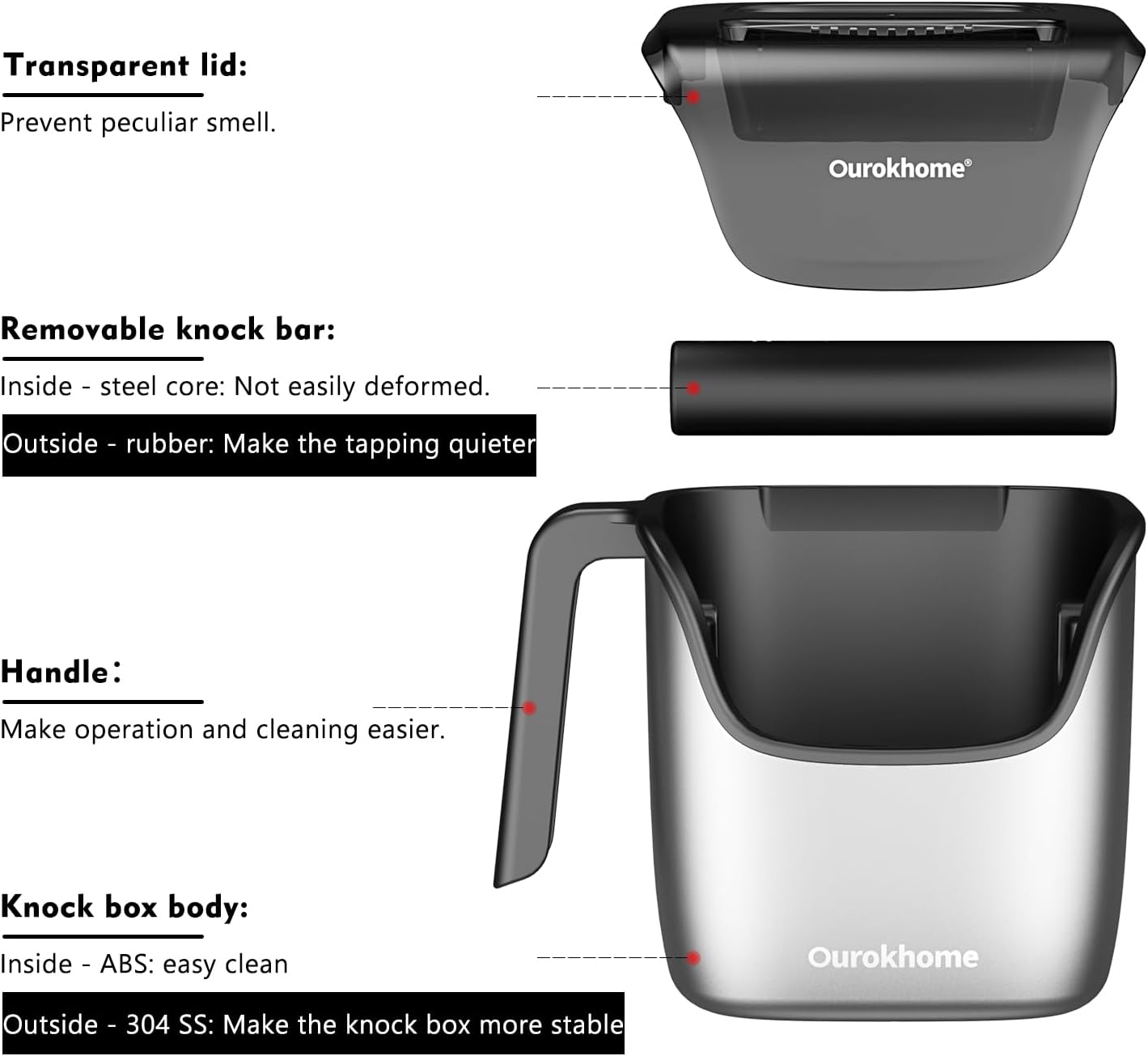 Ourokhome Knock Box Espresso Accessories, The Latest Patented Stainless Steel Espresso Machine Tool for Coffee Ground with Removable Knock Bar, Handle and Lid, Dishwasher safe, 4.8 inch