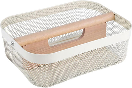 Metal Mesh Steel Storage Basket, Garden Harvest Wire Organizer Basket Multi-functional Kitchen Fruit Basket with Wooden Removable Partition & Handle for Bath Picnic Decor Cabinet, Cream White