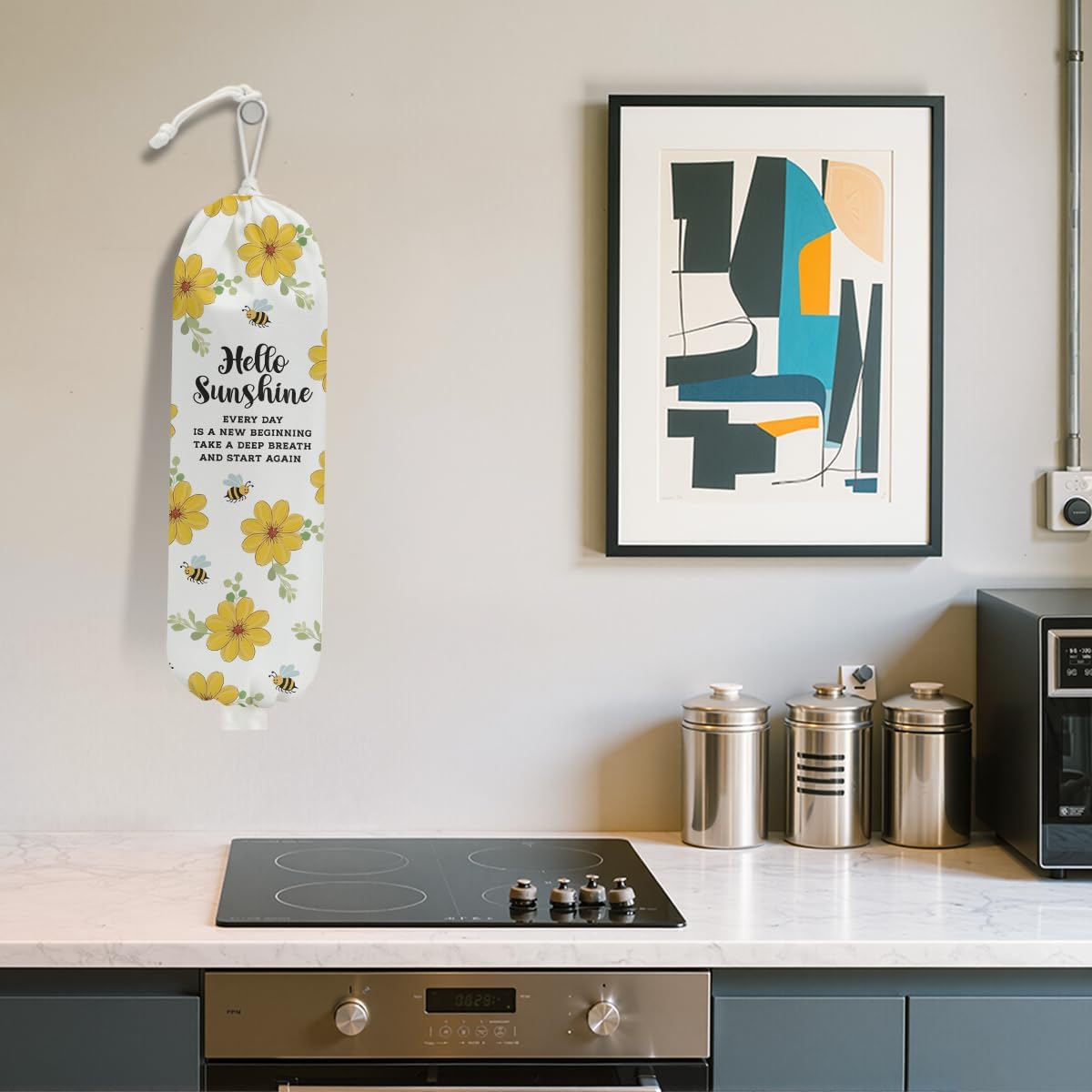 Rustic Floral Cute Bee Plastic Bag Holder for Kitchen Essentials, Wall Mount Grocery Bag Holder for Plastic Bags, Hello Sunshine Reusable Grocery Bags Storage Dispenser for Home Kitchen Farmhouse