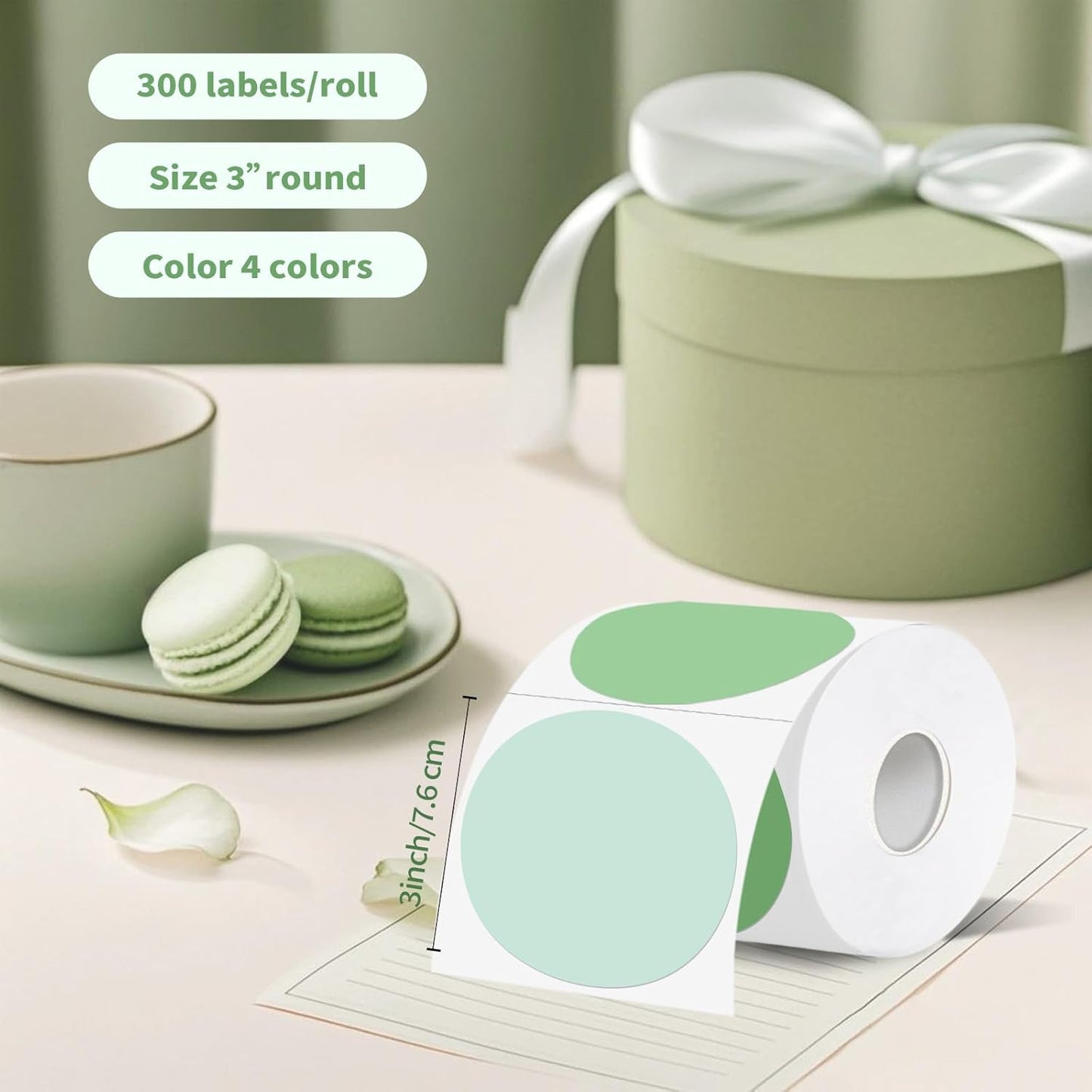 Thermal Label,3 Inch Green Gradient Round Thermal Printer Sticker,Self-Adhesive Round Direct Thermal Labels,Thermal Stickers for DIY Logo Design,Name Tag (300 Labels/1 Roll)