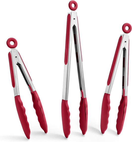 Doosu Kitchen Tongs for Cooking - 600°F Heat Resistant Food Tong Set with Non-Scratch Silicone Tips, Heavy Duty Stainless Steel Locking Tong for BBQ, Grilling Steak, Serving Salad (7+9+12in, Red)