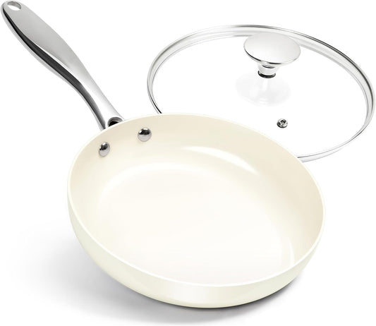 MICHELANGELO Small Frying Pan with Lid, 8 Inch Non Stick Fry Pan, Non Toxic Ceramic Skillet, Oven Safe, Induction Compatible, White