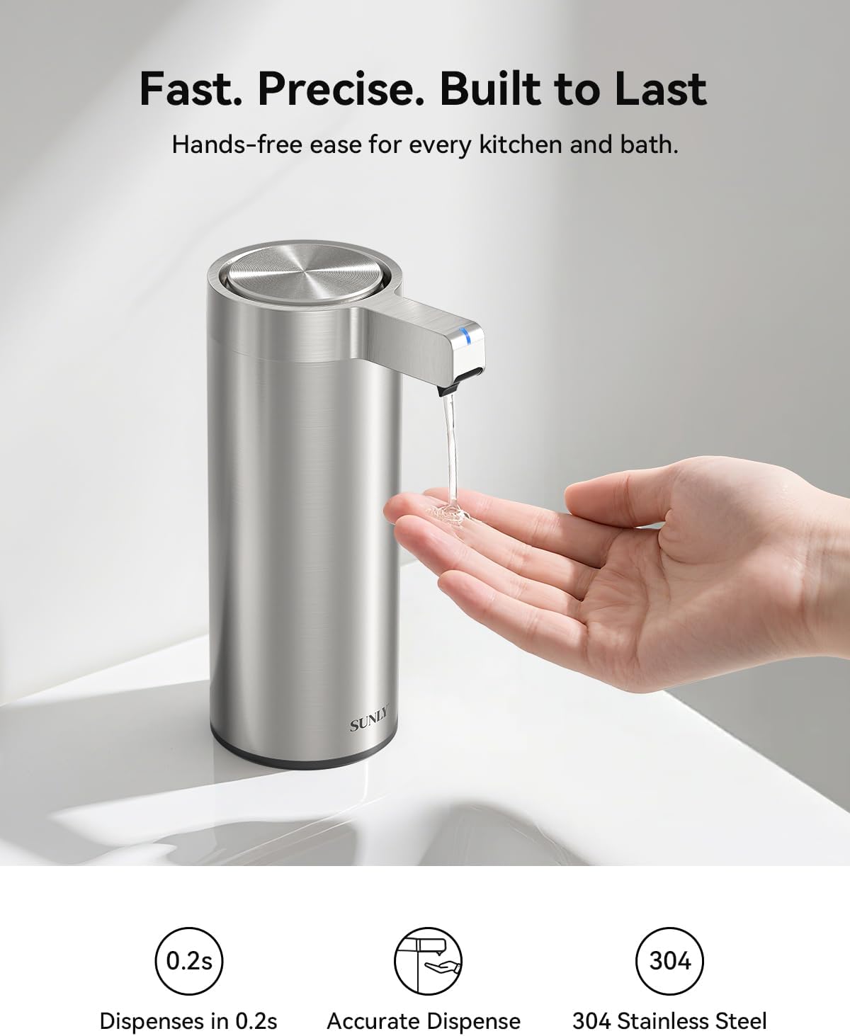 SUNLY Touchless Automatic Soap Dispenser – Clog-Free Pump, 0.2s Fast Sensor, USB-C Rechargeable, Smudge-Resistant Stainless Steel, for Kitchen & Bathroom Soap Dispenser