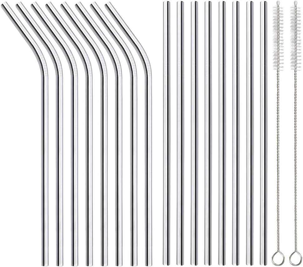 16 Pack of Reusable Stainless Steel Metal Straws, 8 Straight + 8 Bent 8.5 inch Metal Straws with 2 Cleaning Brushes, Straw Compatible with 20oz Stanley Cup